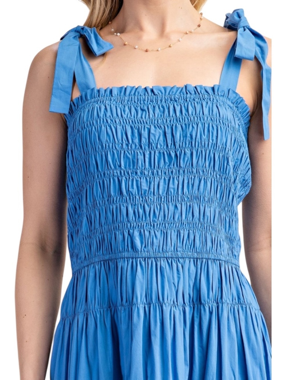 Blue Smocked Tiered Maxi Dress with Shoulder Tie - Picture 2 of 6